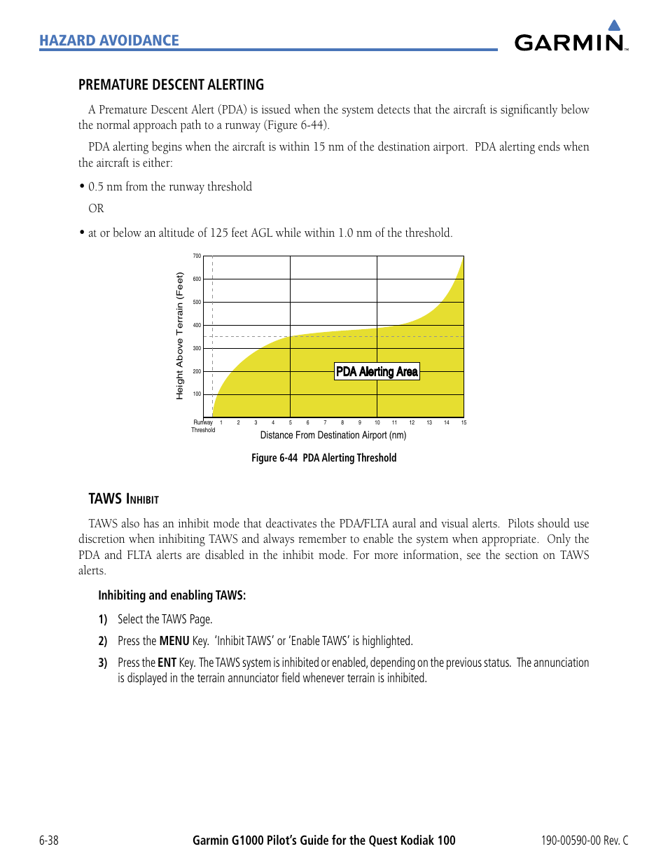 Hazard avoidance premature descent alerting, Taws i, 5 nm from the runway threshold or | Select the taws page, Pda alerting area | Garmin G1000 Quest Kodiak User Manual | Page 270 / 340