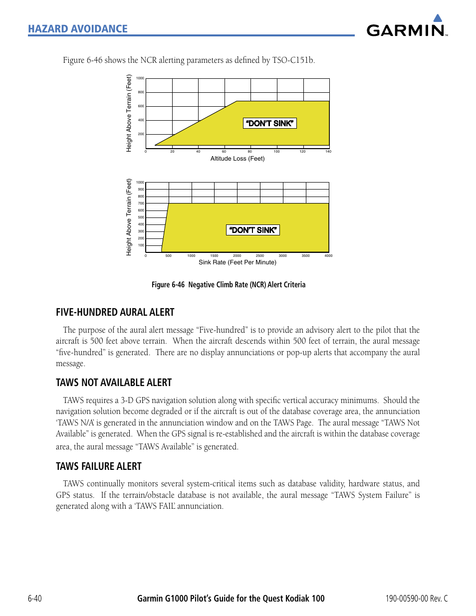 Hazard avoidance, Five-hundred aural alert, Taws not available alert | Taws failure alert | Garmin G1000 Quest Kodiak User Manual | Page 272 / 340