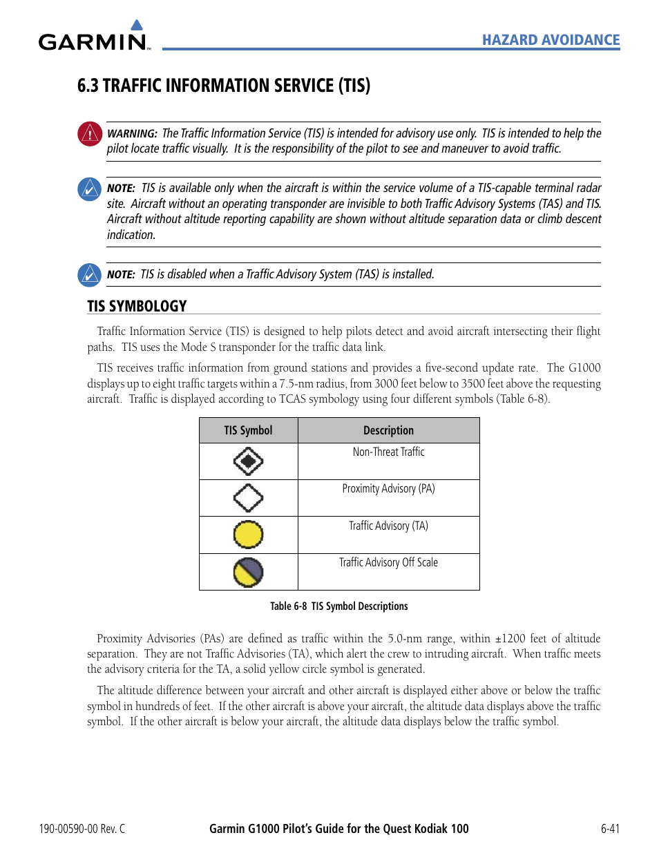 3 traffic information service (tis), Tis symbology, 3 trafﬁc information service (tis) -41 | Garmin G1000 Quest Kodiak User Manual | Page 273 / 340