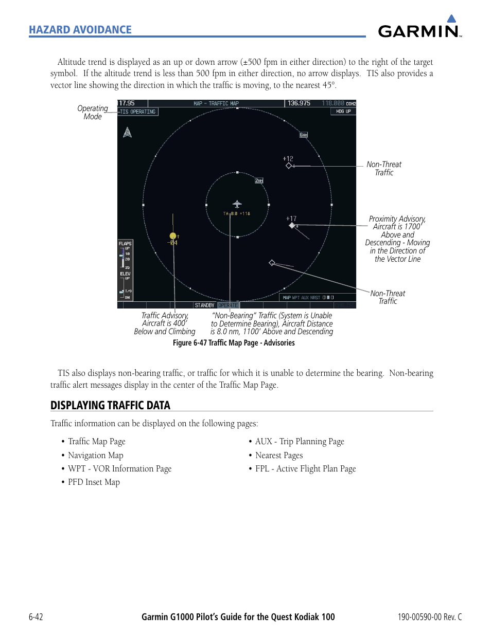 Displaying traffic data, Displaying trafﬁc data, Hazard avoidance | Garmin G1000 Quest Kodiak User Manual | Page 274 / 340