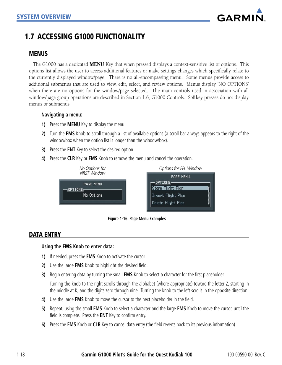 7 accessing g1000 functionality, Menus, Data entry | 7 accessing g1000 functionality -18 | Garmin G1000 Quest Kodiak User Manual | Page 28 / 340