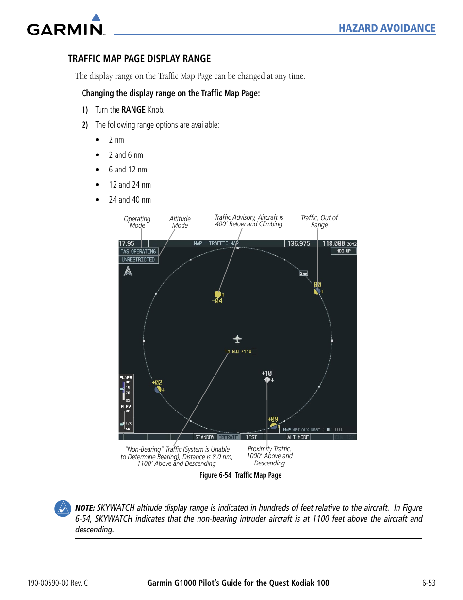 Hazard avoidance traffic map page display range | Garmin G1000 Quest Kodiak User Manual | Page 285 / 340