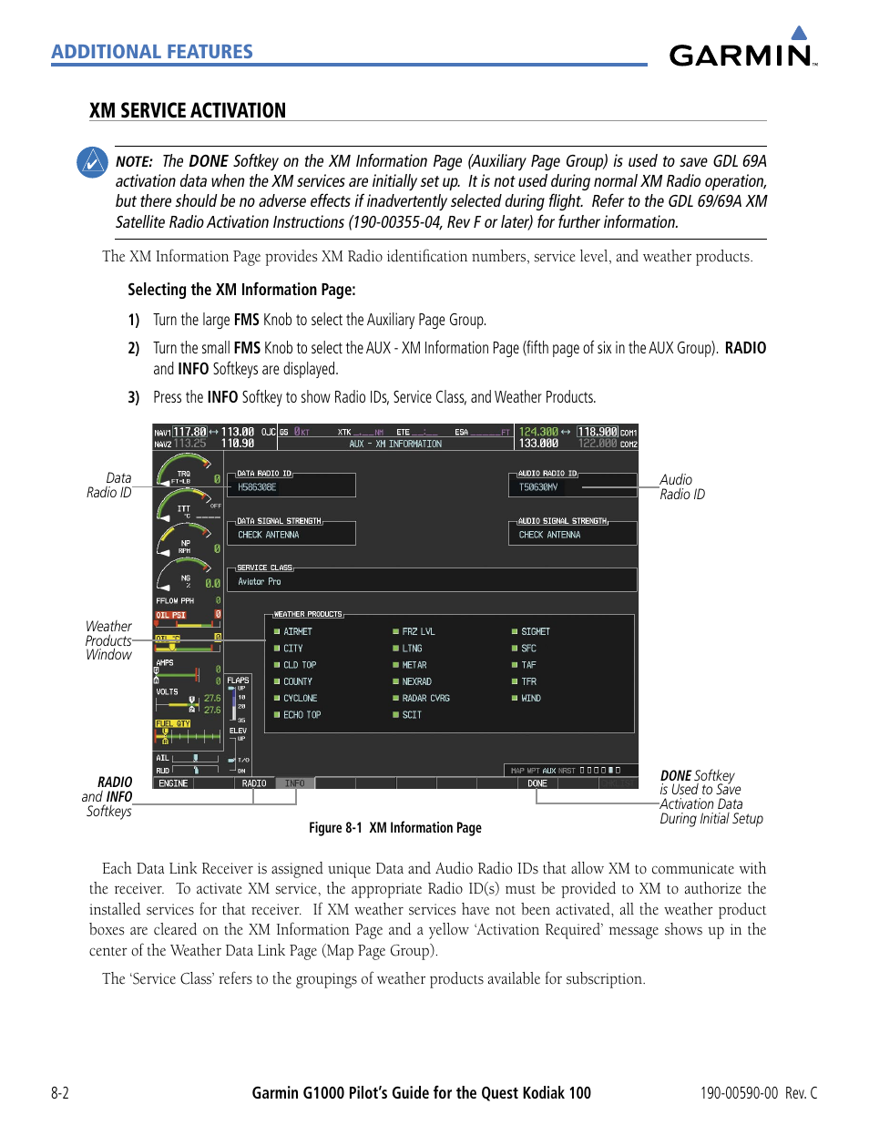 Xm service activation, Additional features | Garmin G1000 Quest Kodiak User Manual | Page 290 / 340