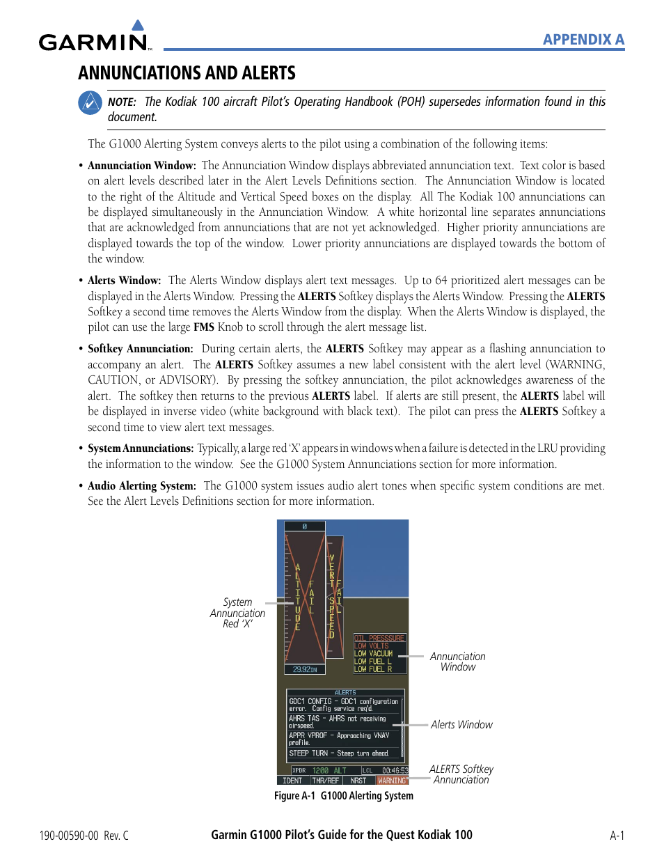 Appendices, Annunciations and alerts | Garmin G1000 Quest Kodiak User Manual | Page 297 / 340