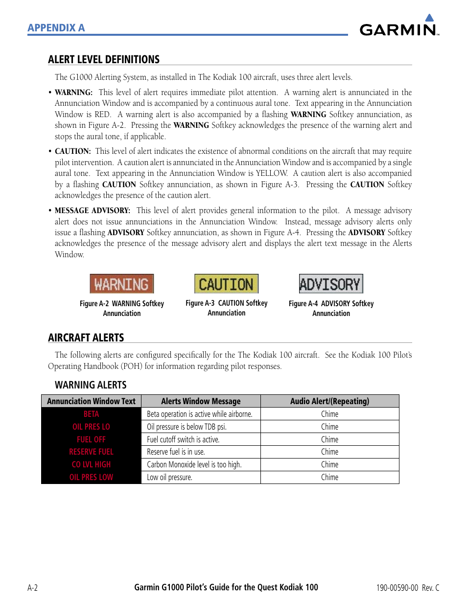 Alert level definitions, Aircraft alerts, Alert level deﬁnitions | Garmin G1000 Quest Kodiak User Manual | Page 298 / 340