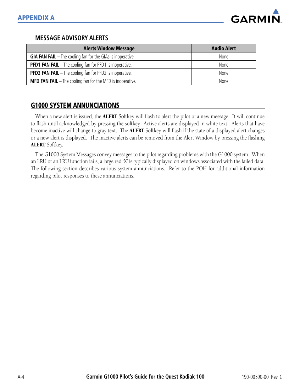 G1000 system annunciations | Garmin G1000 Quest Kodiak User Manual | Page 300 / 340