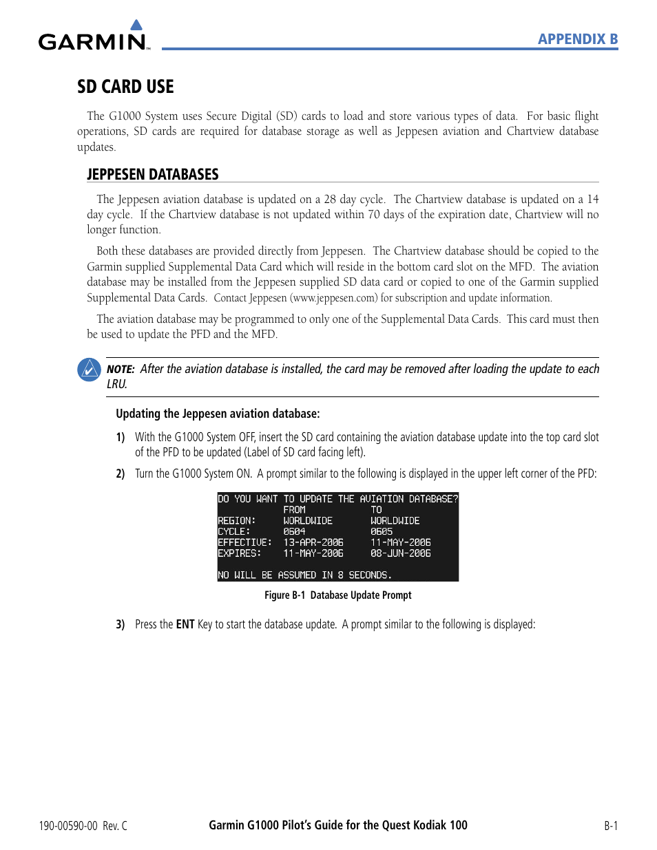 Sd card use, Jeppesen databases | Garmin G1000 Quest Kodiak User Manual | Page 315 / 340