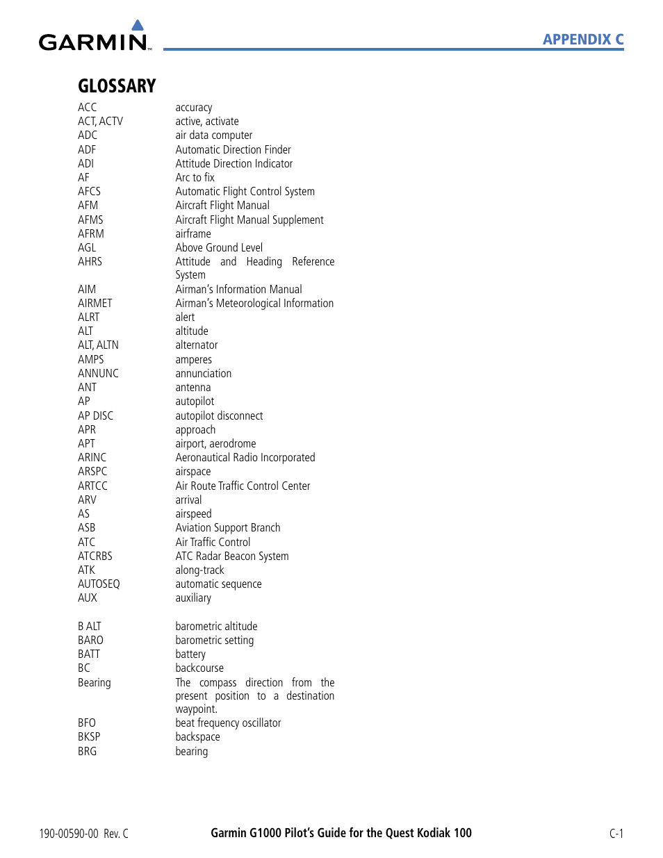 Glossary, Appendix c | Garmin G1000 Quest Kodiak User Manual | Page 319 / 340