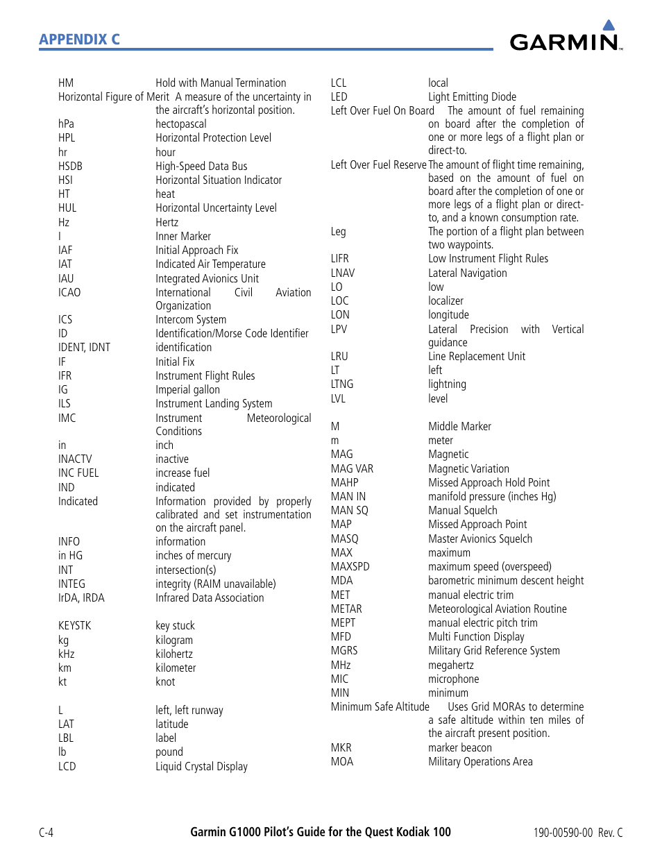 Appendix c | Garmin G1000 Quest Kodiak User Manual | Page 322 / 340