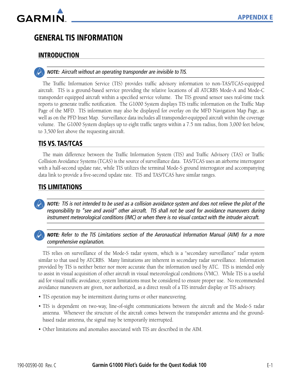 General tis information, Introduction, Tis vs. tas/tcas | Tis limitations | Garmin G1000 Quest Kodiak User Manual | Page 329 / 340