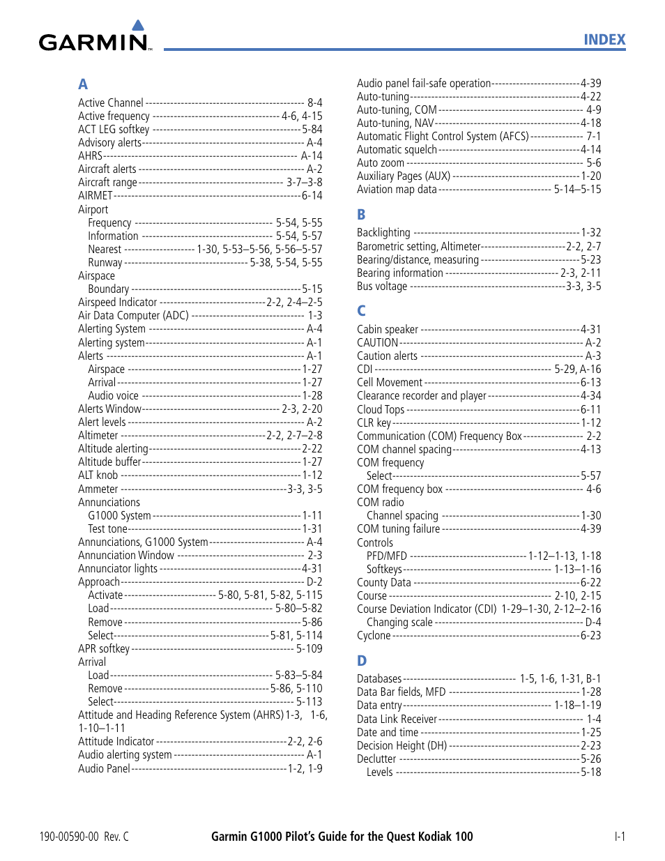 Index, Index a | Garmin G1000 Quest Kodiak User Manual | Page 335 / 340