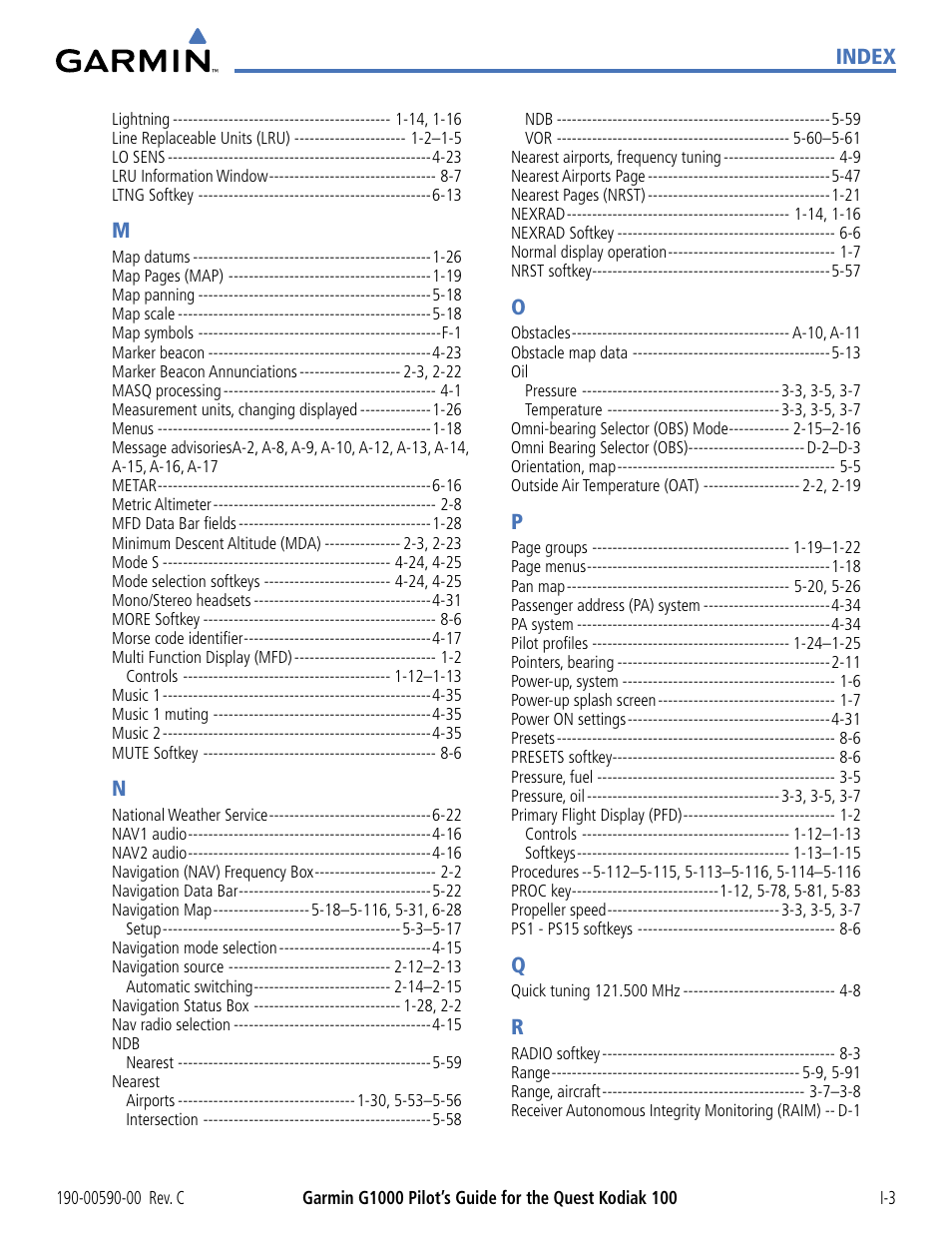 Index | Garmin G1000 Quest Kodiak User Manual | Page 337 / 340