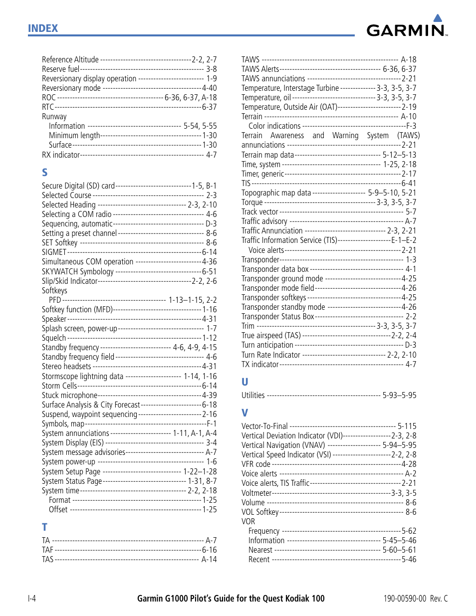 Index | Garmin G1000 Quest Kodiak User Manual | Page 338 / 340