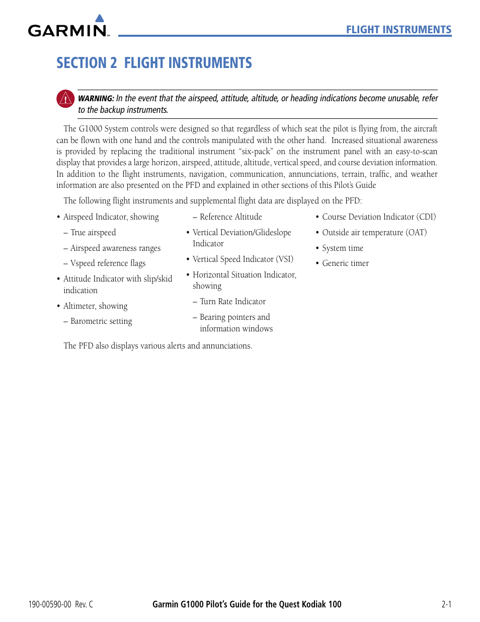 Section 2 flight instruments | Garmin G1000 Quest Kodiak User Manual | Page 45 / 340