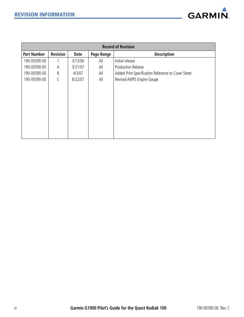 Revision information | Garmin G1000 Quest Kodiak User Manual | Page 6 / 340