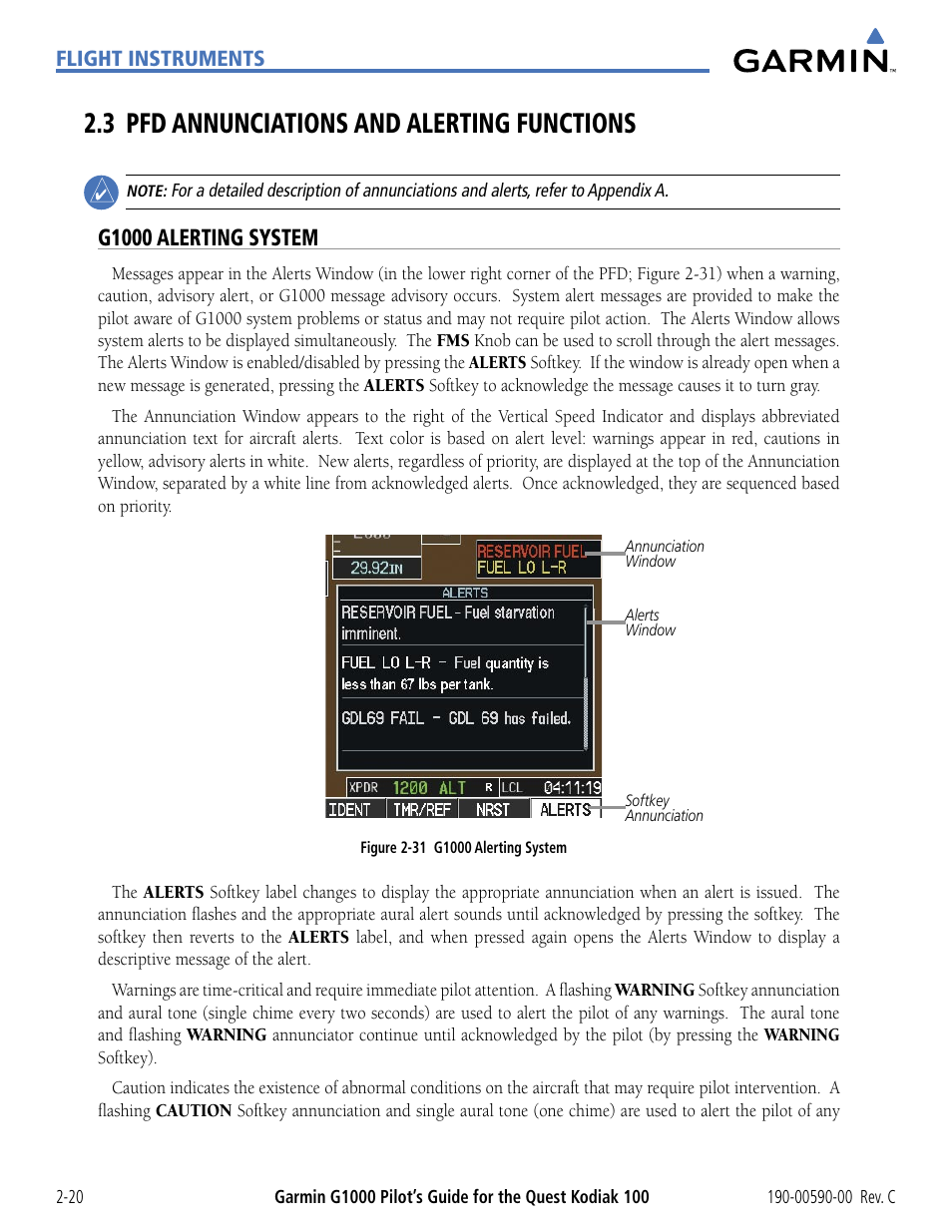 3 pfd annunciations and alerting functions, G1000 alerting system, 3 pfd annunciations and alerting functions -20 | Garmin G1000 Quest Kodiak User Manual | Page 64 / 340