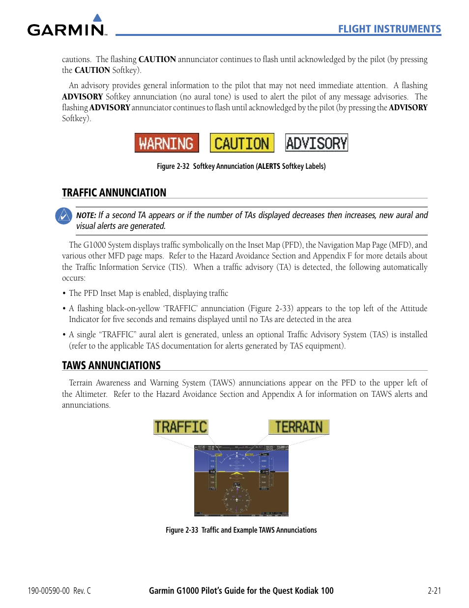 Traffic annunciation, Taws annunciations, Trafﬁc annunciation | Garmin G1000 Quest Kodiak User Manual | Page 65 / 340