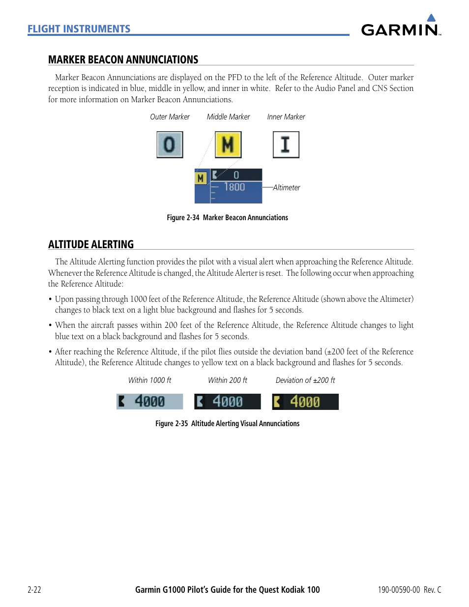 Marker beacon annunciations, Altitude alerting | Garmin G1000 Quest Kodiak User Manual | Page 66 / 340