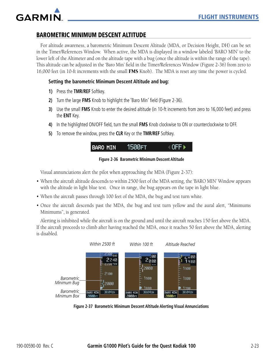 Barometric minimum descent altitude | Garmin G1000 Quest Kodiak User Manual | Page 67 / 340