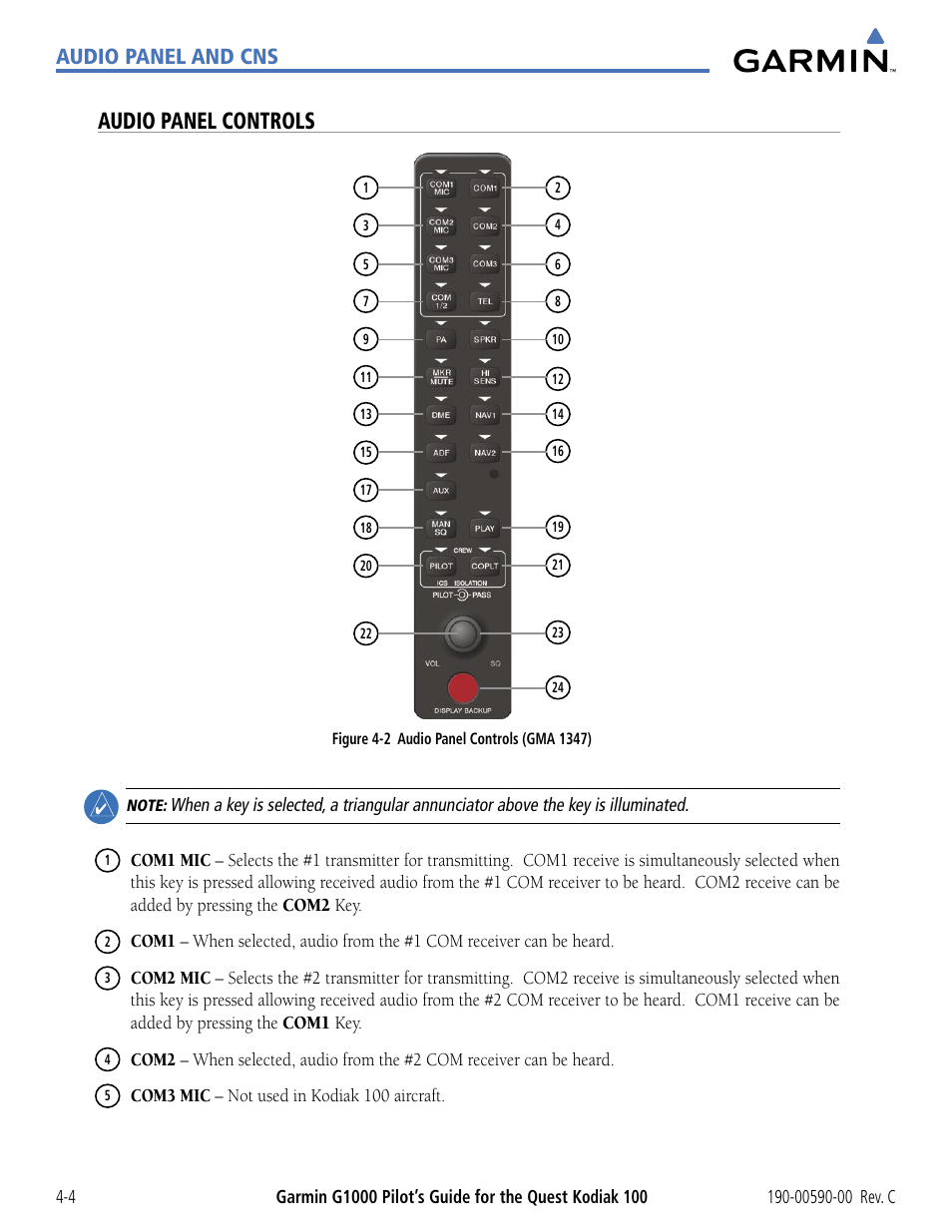 Audio panel controls, Audio panel and cns | Garmin G1000 Quest Kodiak User Manual | Page 80 / 340