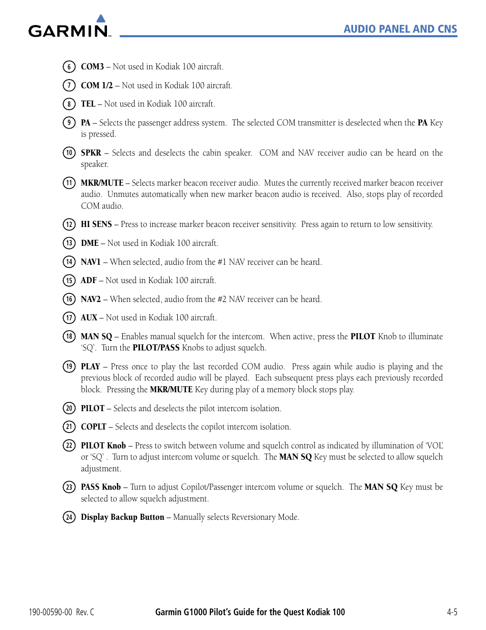 Audio panel and cns | Garmin G1000 Quest Kodiak User Manual | Page 81 / 340