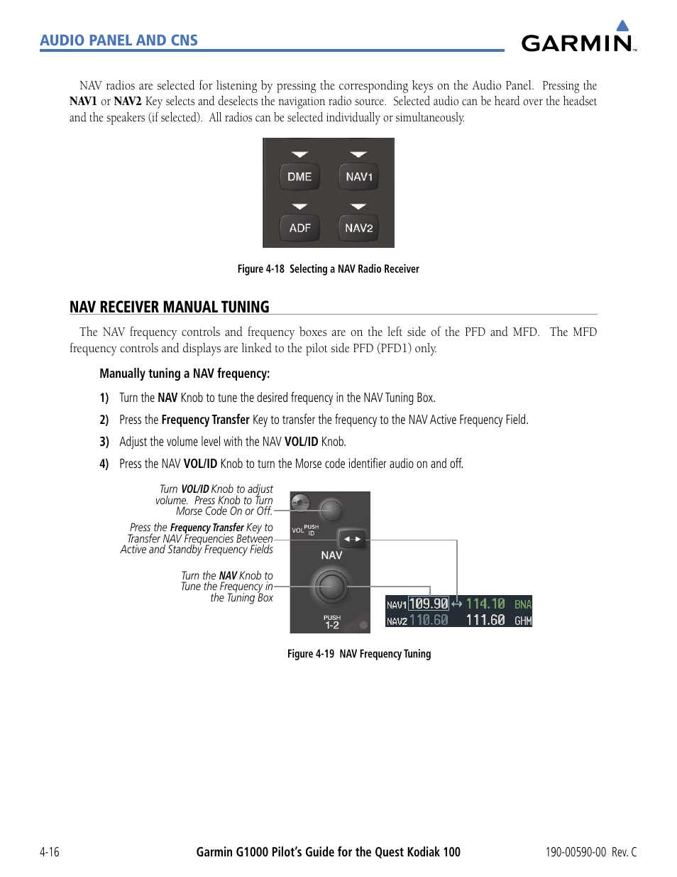 Nav receiver manual tuning, Audio panel and cns | Garmin G1000 Quest Kodiak User Manual | Page 92 / 340