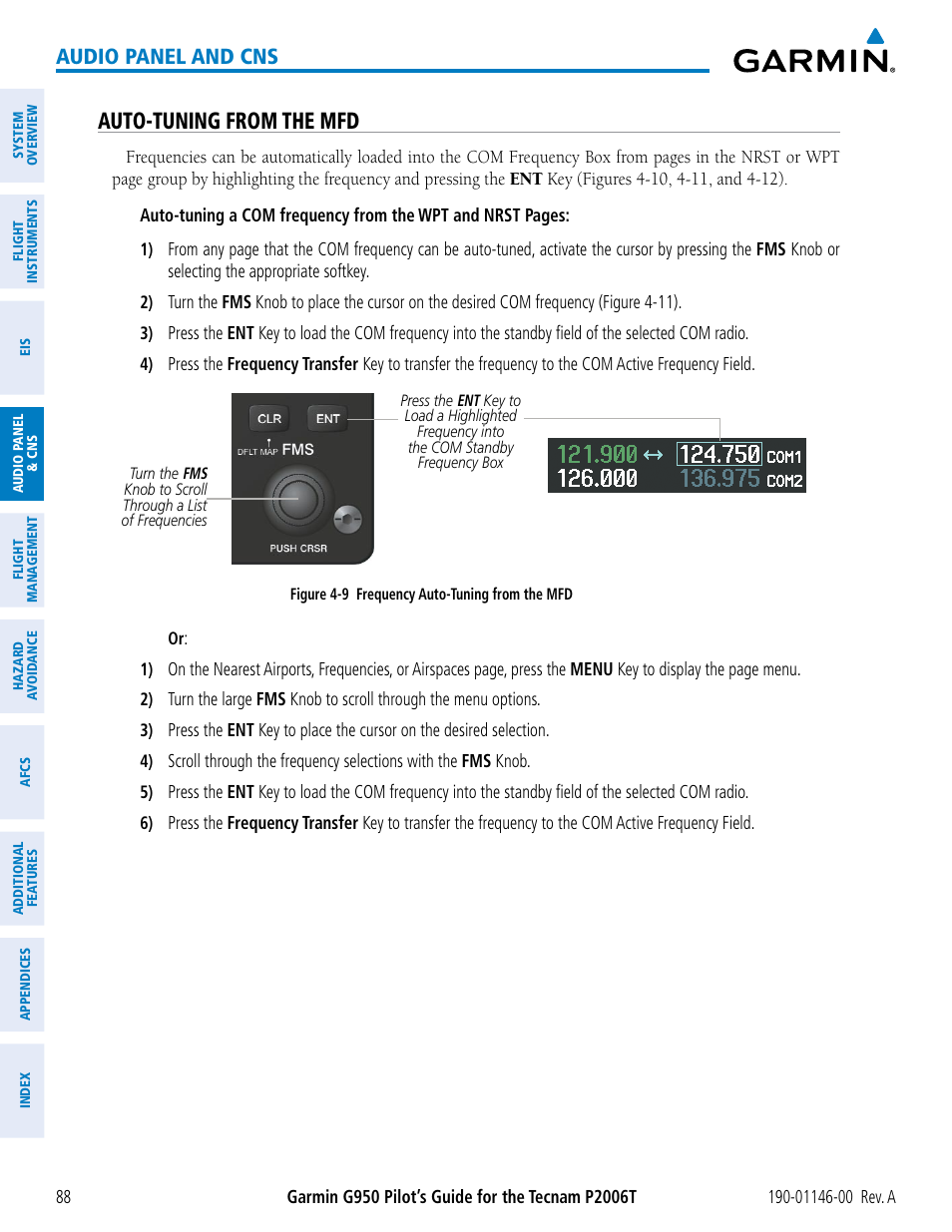 Auto-tuning from the mfd, Audio panel and cns | Garmin G950 Tecnam 2006T User Manual | Page 100 / 348
