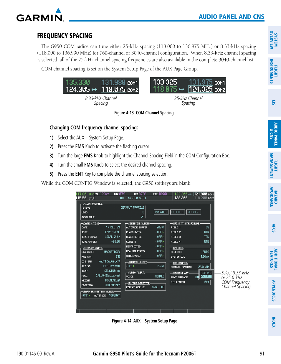 Frequency spacing, Audio panel and cns | Garmin G950 Tecnam 2006T User Manual | Page 103 / 348