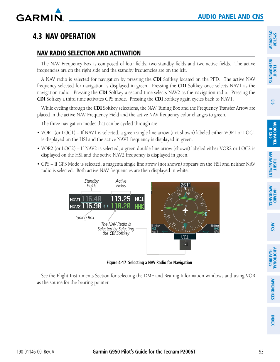 3 nav operation, Nav radio selection and activation, Audio panel and cns | Garmin G950 Tecnam 2006T User Manual | Page 105 / 348