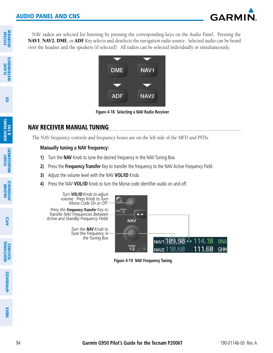 Nav receiver manual tuning, Audio panel and cns | Garmin G950 Tecnam 2006T User Manual | Page 106 / 348