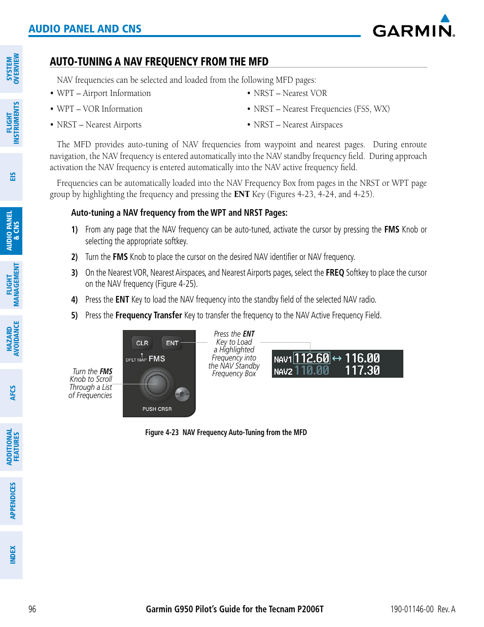 Auto-tuning a nav frequency from the mfd, Audio panel and cns | Garmin G950 Tecnam 2006T User Manual | Page 108 / 348