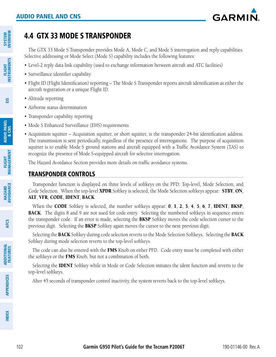 4 gtx 33 mode s transponder, Transponder controls, Audio panel and cns | Garmin G950 Tecnam 2006T User Manual | Page 114 / 348