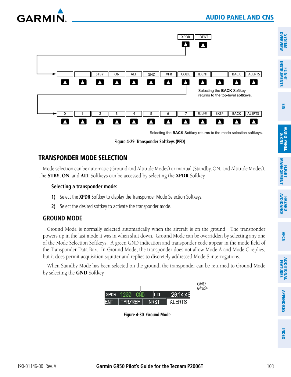 Transponder mode selection, Audio panel and cns, Ground mode | Garmin G950 Tecnam 2006T User Manual | Page 115 / 348