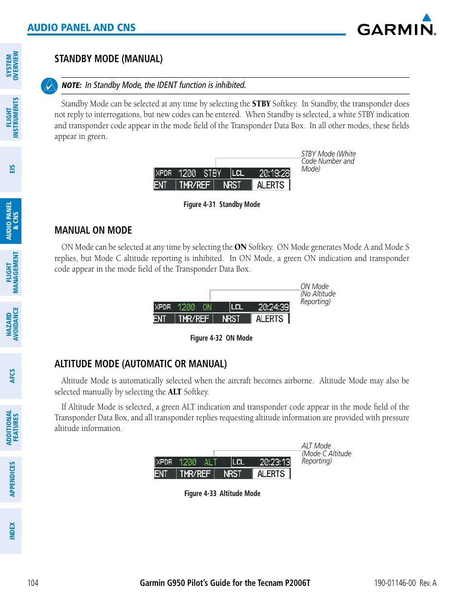 Audio panel and cns, Standby mode (manual), Manual on mode | Altitude mode (automatic or manual) | Garmin G950 Tecnam 2006T User Manual | Page 116 / 348