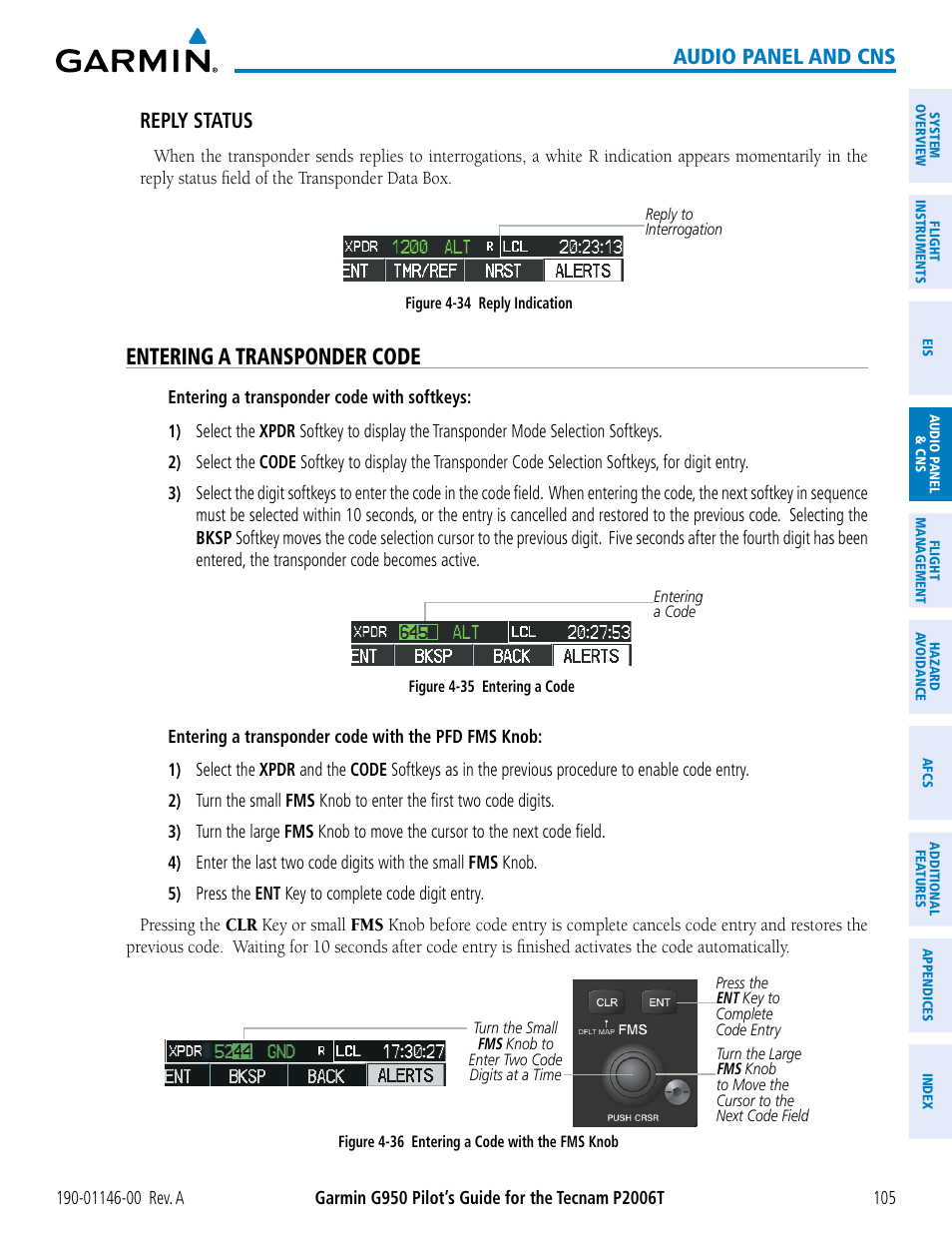 Entering a transponder code, Audio panel and cns, Reply status | Garmin G950 Tecnam 2006T User Manual | Page 117 / 348