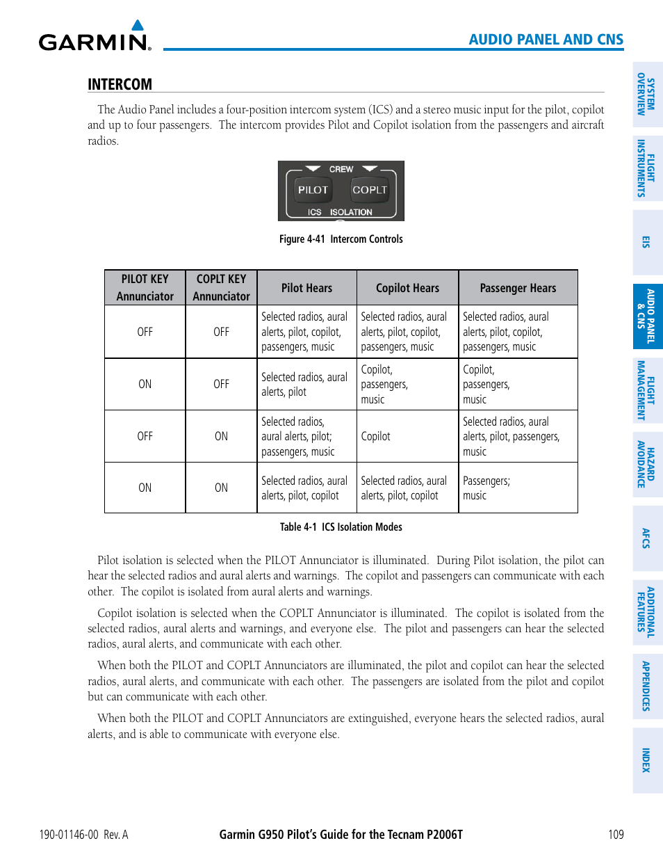 Intercom, Audio panel and cns | Garmin G950 Tecnam 2006T User Manual | Page 121 / 348