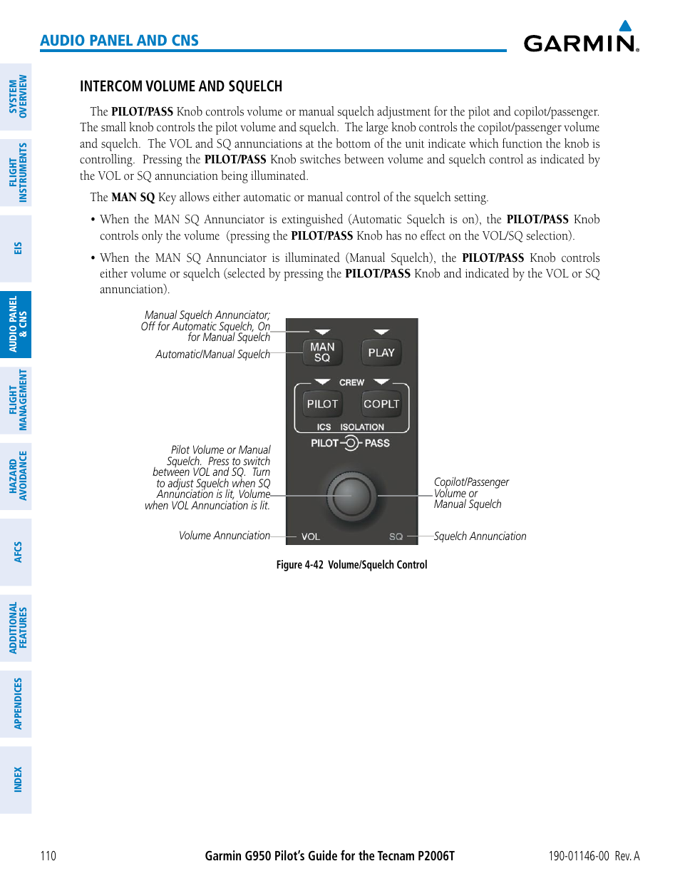 Audio panel and cns, Intercom volume and squelch | Garmin G950 Tecnam 2006T User Manual | Page 122 / 348