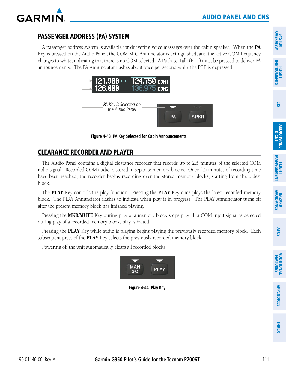 Passenger address (pa) system, Clearance recorder and player, Audio panel and cns | Garmin G950 Tecnam 2006T User Manual | Page 123 / 348