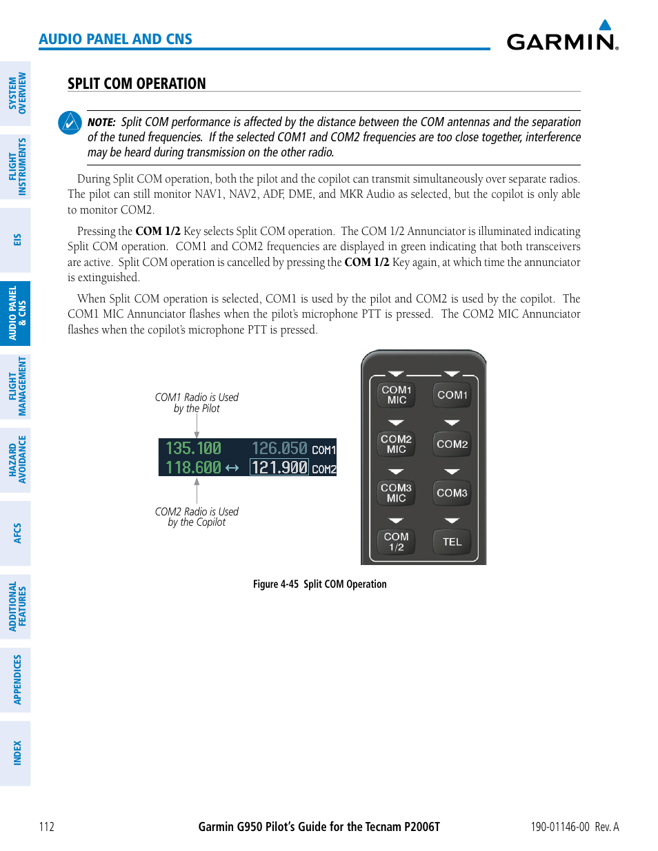 Split com operation, Audio panel and cns | Garmin G950 Tecnam 2006T User Manual | Page 124 / 348