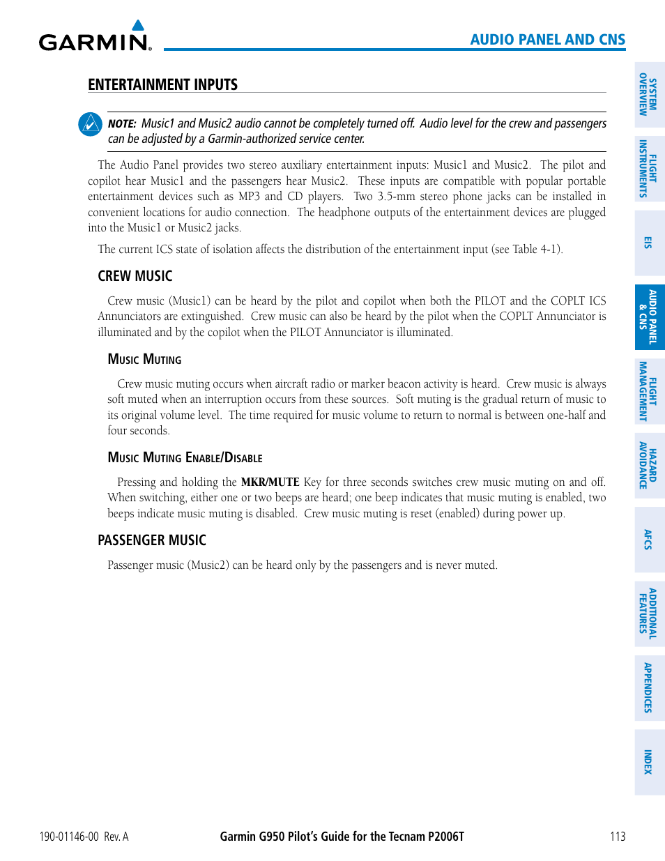 Entertainment inputs, Audio panel and cns, Crew music | Passenger music | Garmin G950 Tecnam 2006T User Manual | Page 125 / 348