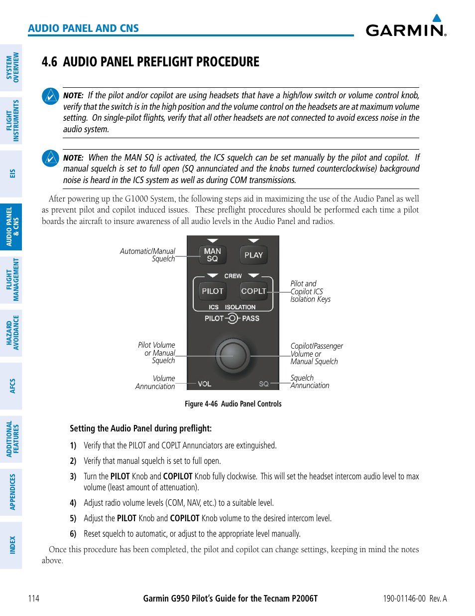 6 audio panel preflight procedure, Audio panel and cns | Garmin G950 Tecnam 2006T User Manual | Page 126 / 348