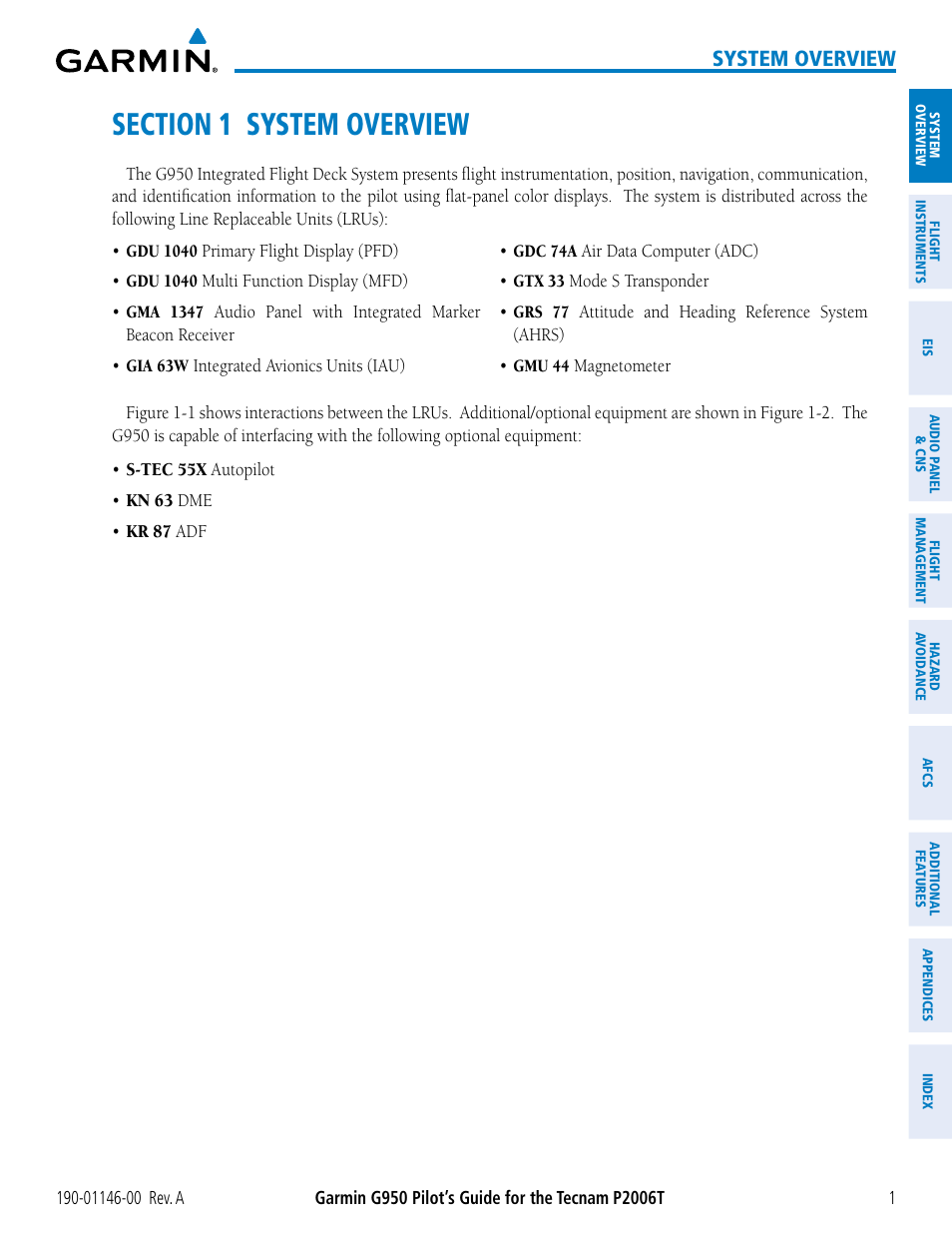 Section 1 system overview, System overview | Garmin G950 Tecnam 2006T User Manual | Page 13 / 348