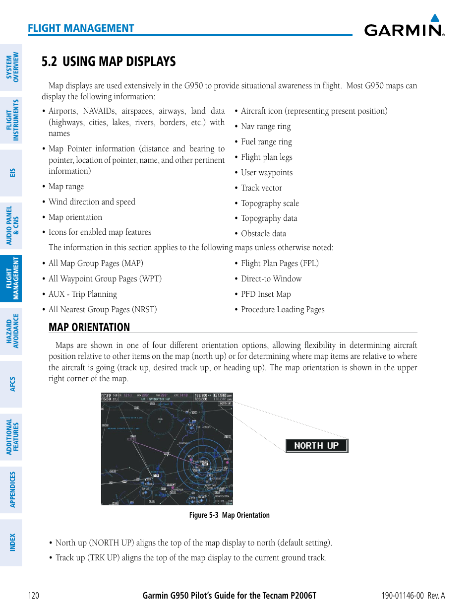 2 using map displays, Map orientation, Flight management | Garmin G950 Tecnam 2006T User Manual | Page 132 / 348