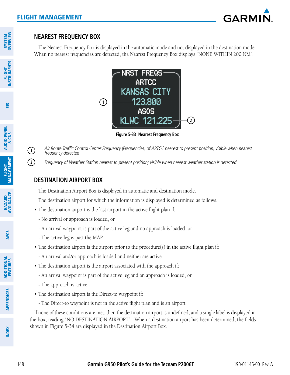 Flight management, Nearest frequency box, Destination airport box | Garmin G950 Tecnam 2006T User Manual | Page 160 / 348