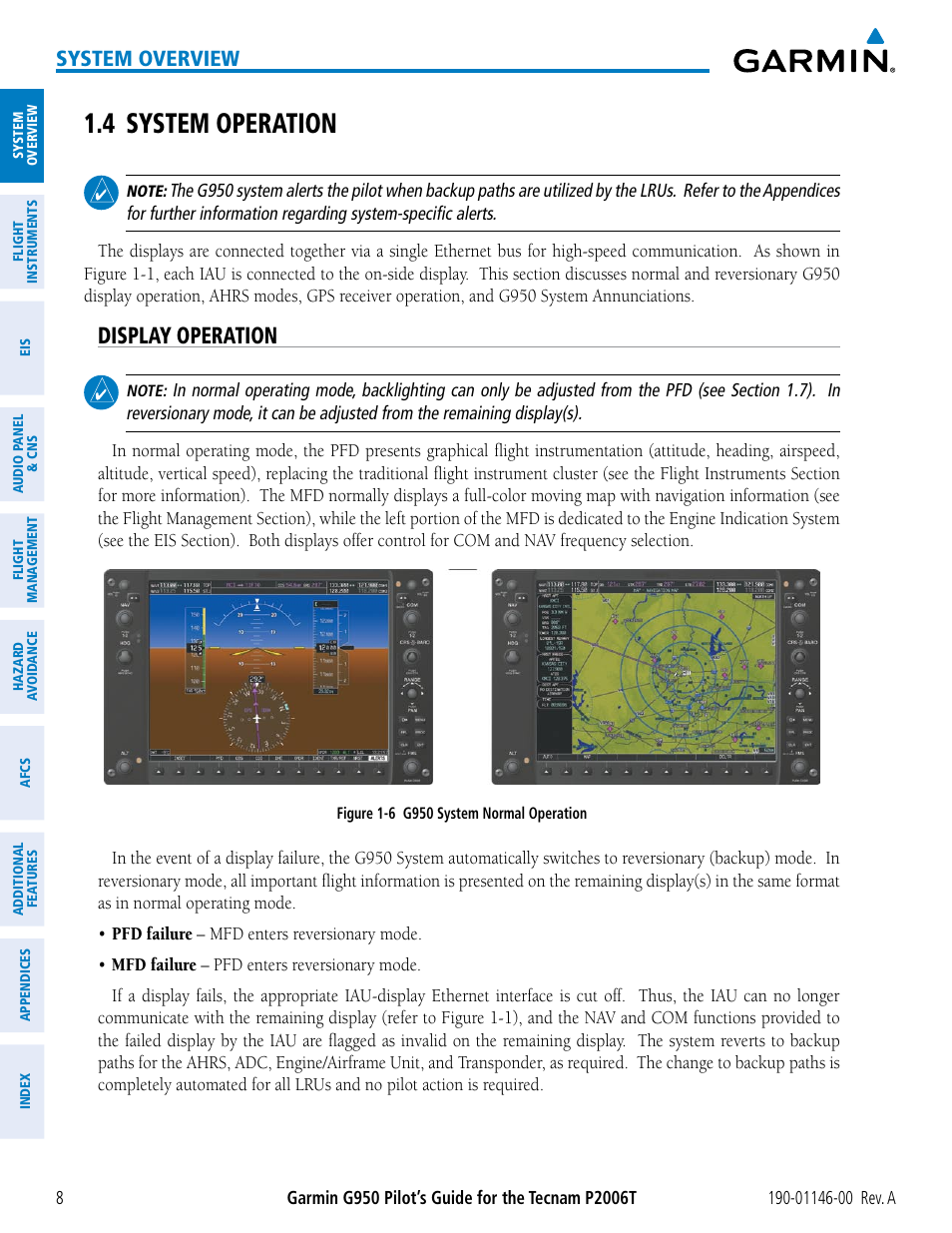 4 system operation, Display operation, System overview | Garmin G950 Tecnam 2006T User Manual | Page 20 / 348