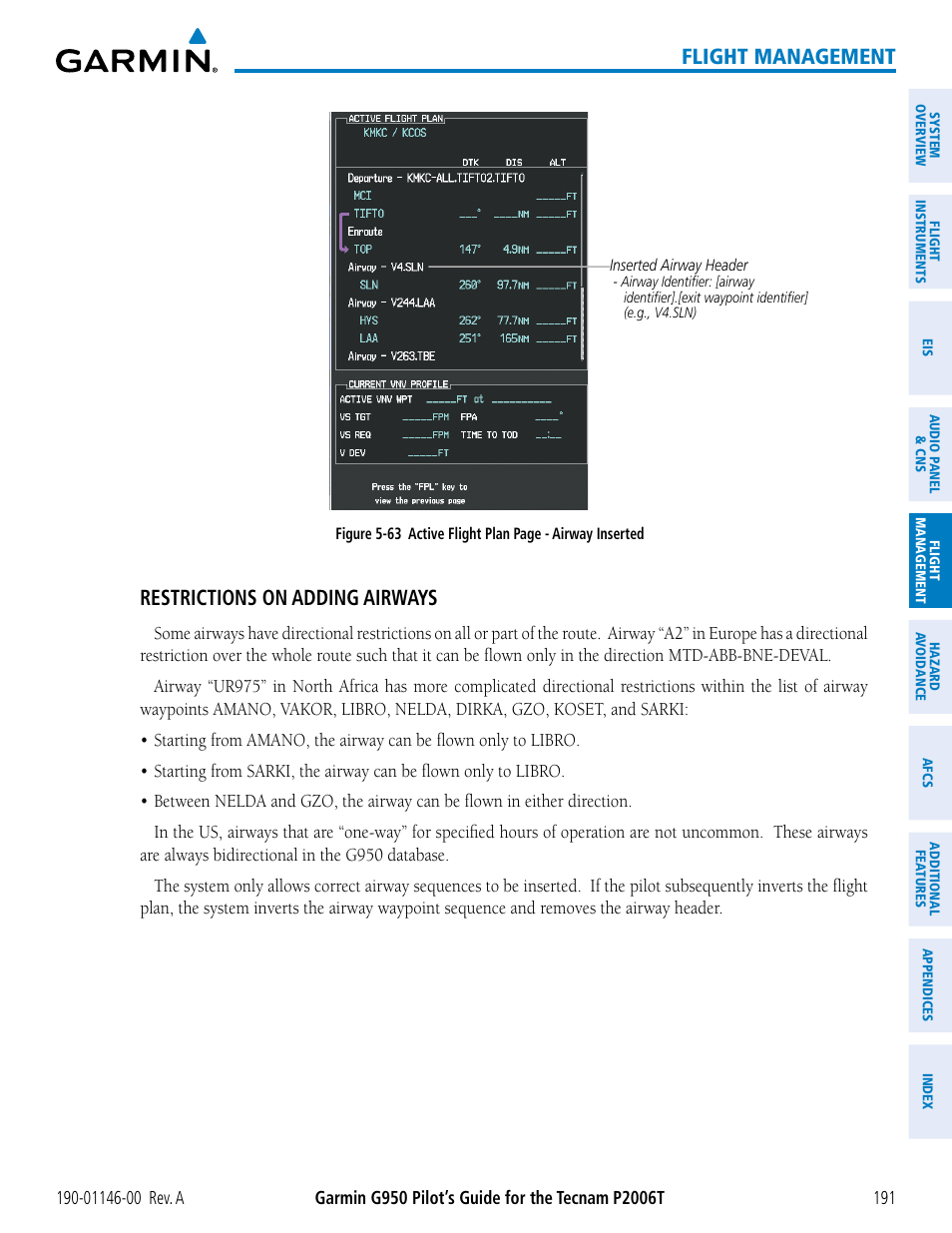 Flight management, Restrictions on adding airways | Garmin G950 Tecnam 2006T User Manual | Page 203 / 348