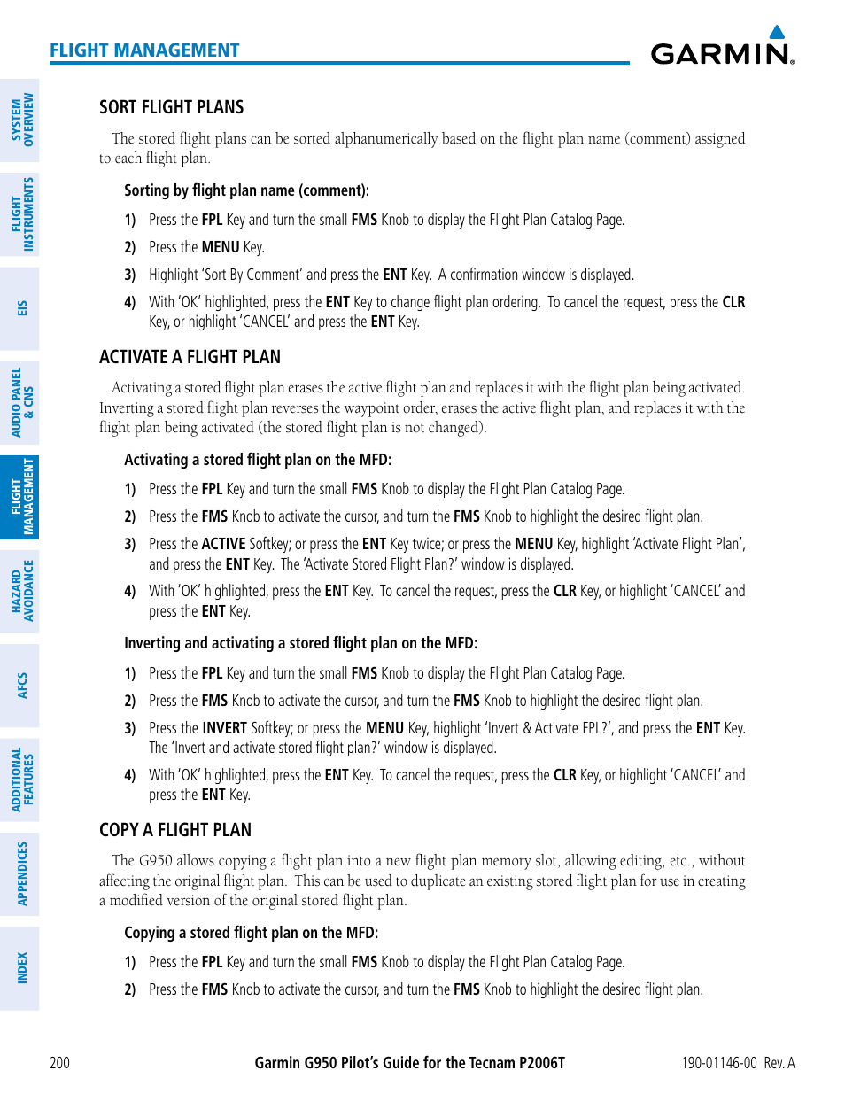 Flight management, Sort flight plans, Activate a flight plan | Copy a flight plan | Garmin G950 Tecnam 2006T User Manual | Page 212 / 348
