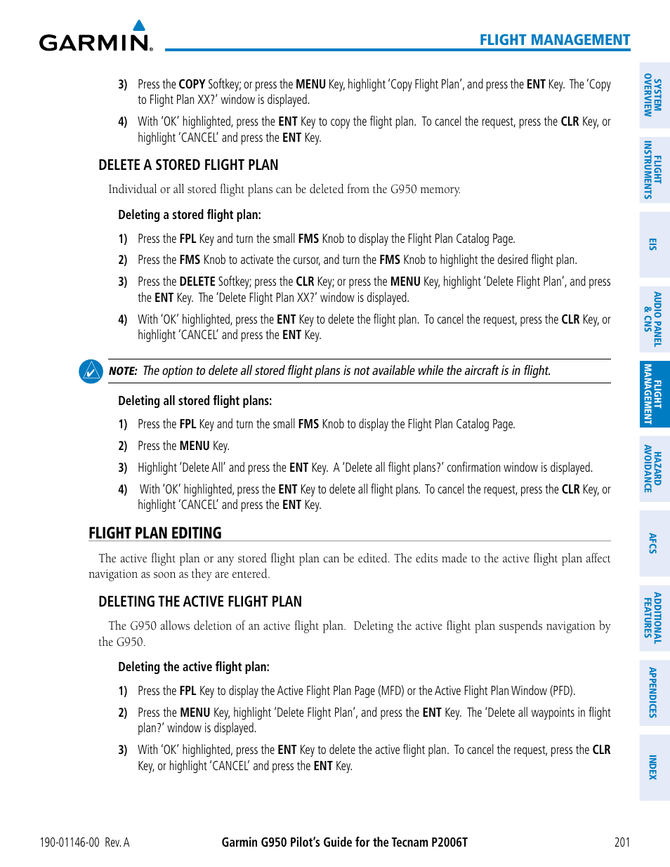 Flight plan editing, Flight management, Delete a stored flight plan | Deleting the active flight plan | Garmin G950 Tecnam 2006T User Manual | Page 213 / 348