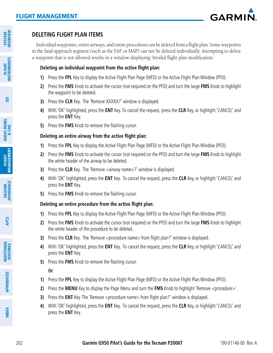 Flight management, Deleting flight plan items | Garmin G950 Tecnam 2006T User Manual | Page 214 / 348