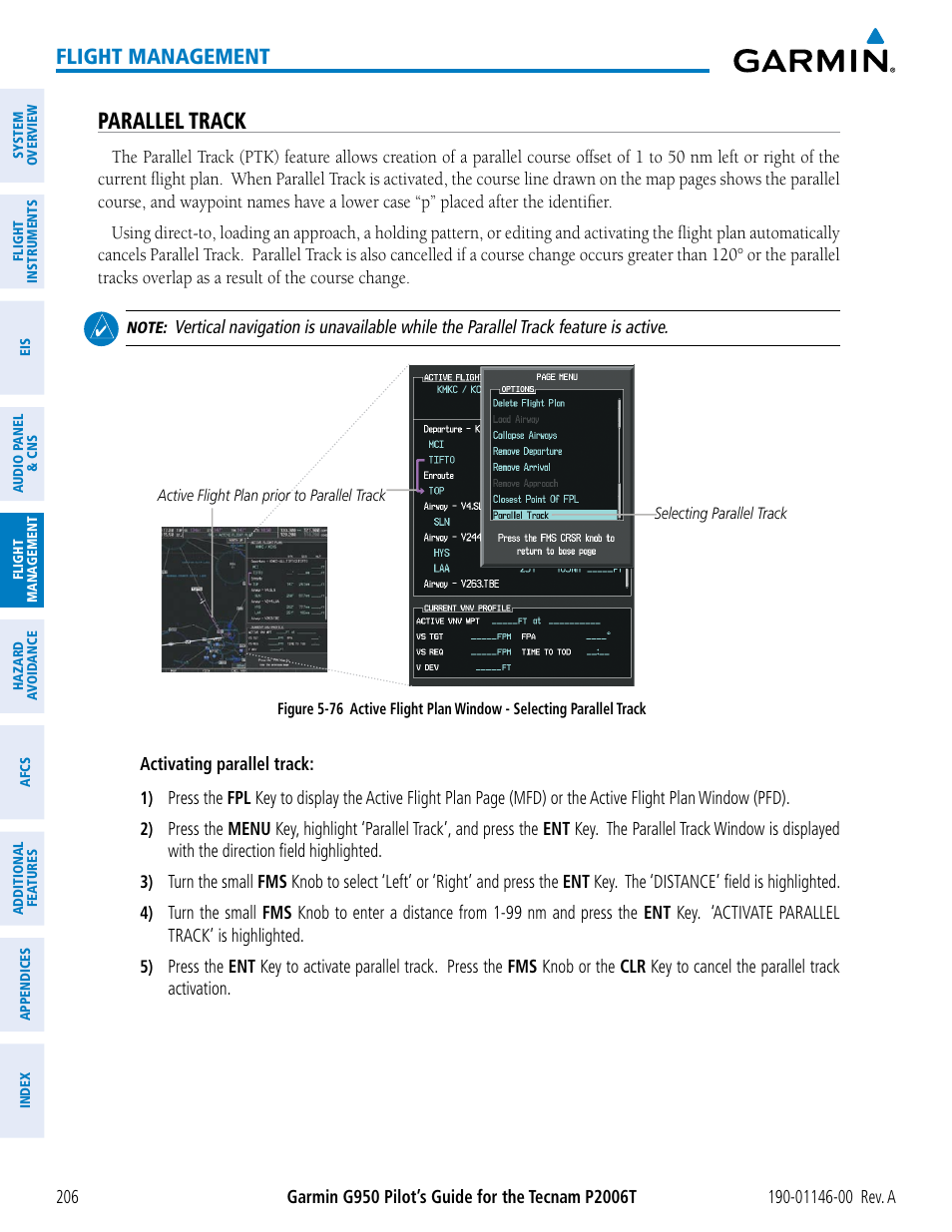 Parallel track, Flight management | Garmin G950 Tecnam 2006T User Manual | Page 218 / 348